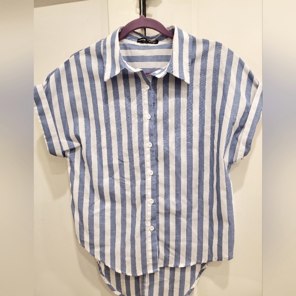 SHEIN Brand New, Blue & White Striped Shirt, Tie Back, Cotton Poly Mix Sz.Large